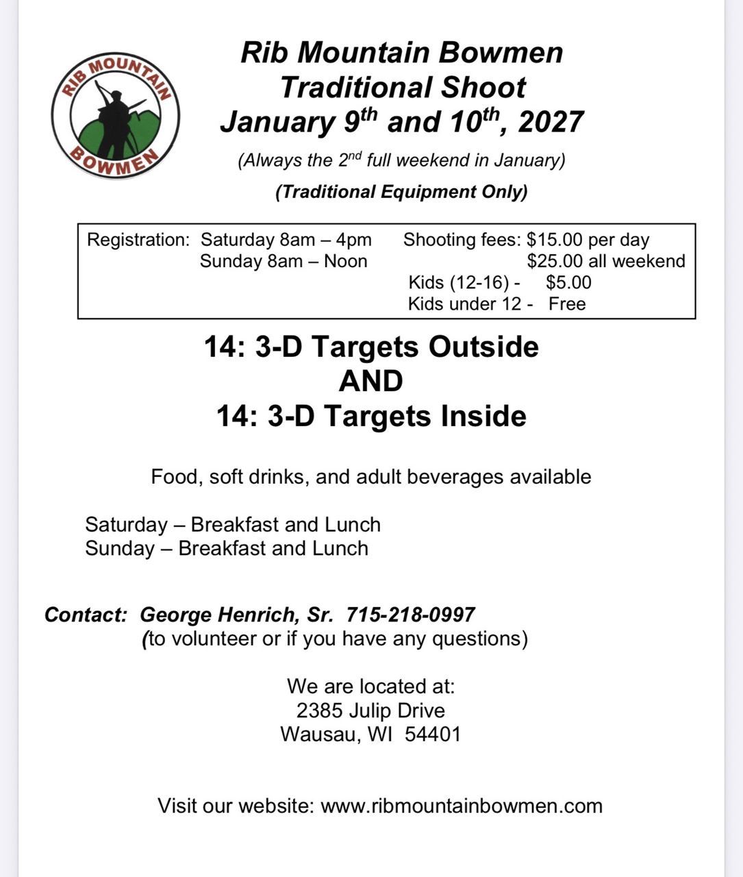 Flyer for Rib Mountain Bowmen, Winter shoot